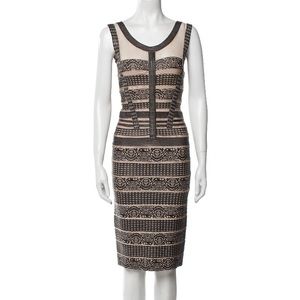 HERVE LEGER Black & Nude Faux Leather Mesh BodyCon Pencil Dress